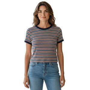 Say Anything Women’s Ribbed Striped Crop Top Size S Short Sleeve #320